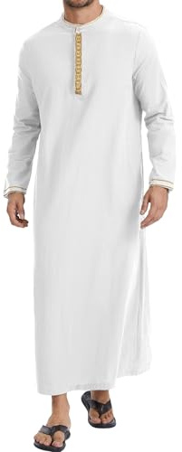 YAOHUOLE Mens Kaftan Thobe Cotton Linen Long Sleeve Stand Collar Robe with Two Side Pockets Modest Muslim Outfit White M