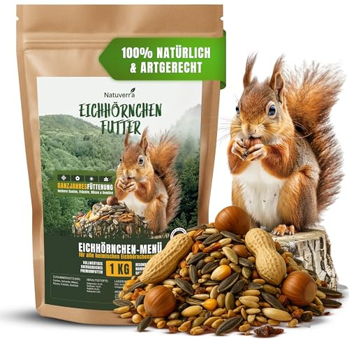 Natuverra Eichhörnchenfutter 1 kg | Eichhörnchen Futter Premium-Mix aus Saaten, Nüssen, Früchten & Gemüse | Ganzjahresfutter für Eichhörnchen & Streifenhörnchen | wiederverschließbar