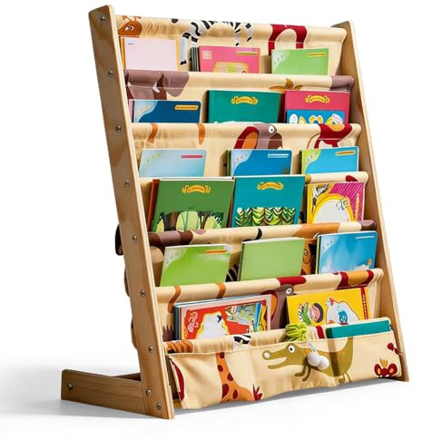 Zinueen Estantería para niños de 6 niveles, estantería Montessori de madera para niños, estantería infantil con bolsillo para fácil acceso, caja de libros para niños para almacenamiento y exposición