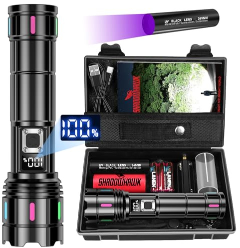 Shadowhawk Taschenlampe Led Aufladbar 500000 Lumen | Extrem Hell Taktische 12H Laufzeit taschenlampen, IP67 USB C+A Flashlight für Outdoor/Camping/Wandern, Zoom & LCD-Display, 5 Modi