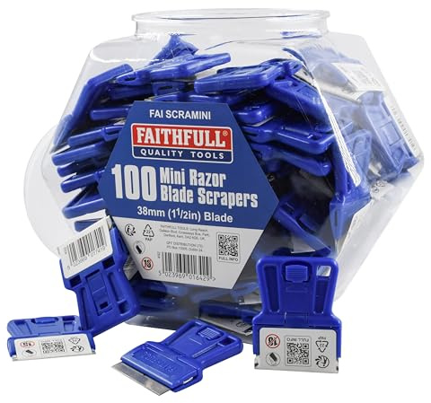 Faithfull Mini Scrapers – Pack of 100 Razor Blade ABS Scrapers with Carbon Steel Blade in Reuseable Plastic Jar for Paint, Adhesive & Residue Removal from Glass, Hobs, Tiles & Mirrors