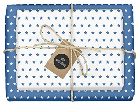 dabelino® 4x zweifarbiges Geschenkpapier Weihnachten: Sterne blau-weiß + 4x Anhänger (doppelseitige Bögen DIN A2, Öko-Recycling-Papier)