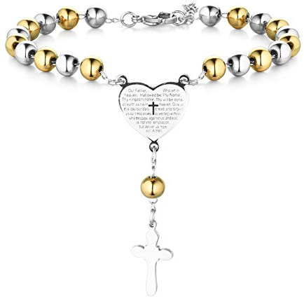 Flongo Armband Rosenkranz Kette Armkette, Edelstahl Anhänger Armreif Kette Kugelkette Silber Gold Golden Englisch Bibel Herz Herzchen Tag Kruzifix Kreuz Kugel Perle Perlen Rosenkranz Herren,Damen