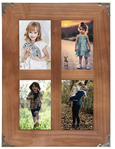 LOSOUR 4x6 picture frames collage, Window Pane 4 Opening 4x6 picture frame with Decorative Metal Corners for Table Top Display and Wall mounting Photo Frame (Brown, 16.2x12.2 inch)