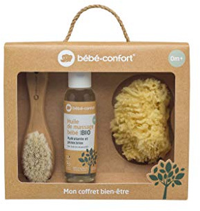 Bébéconfort Geschenkset zur Geburt, Pflege/Wohlbefinden, Bio-Baby-Massageöl + Naturschwamm + Holzbürste 3107203300