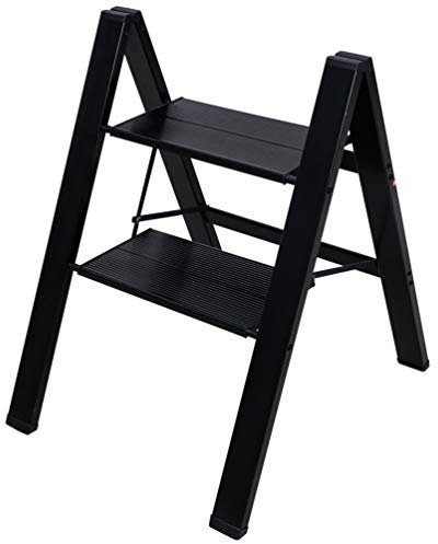 BAOYOUNI 2 Step Ladder Lightweight Folding Aluminum Step Stool Heavy Duty Stepladders Storage Shelf Rack with Anti-Slip Wide Platform for Household, Office, Painting - Black