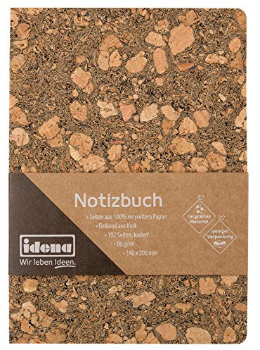 Idena 11001 – Anteckningsbok 20 x 14 cm, rutig, 192 sidor, tillverkad av 100% återvunnet papper, omslag av kork, 80 g/m², 1 st, ljusbrun