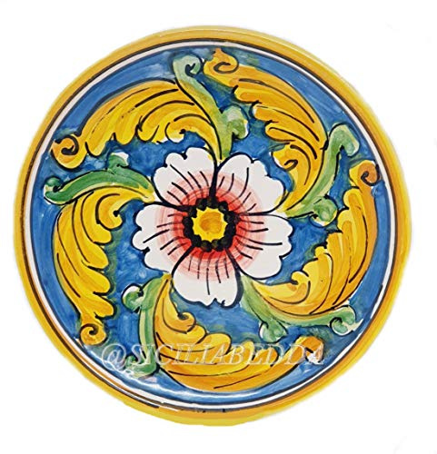 sicilia bedda - PIATTO IN CERAMICA SICILIANA con Decorazioni Maioliche - Articolo di Classe Dipinto a Mano (Maioliche Blu con Fiore, Diametro 30 CM)