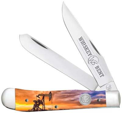 WHISKEY BENT HAT CO. Traditional Trapper Folding Pocket Knife 4.125 Closed Length 440C Stainless Steel Blades (Pump Jack Sunrise)