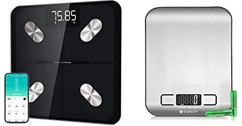 Etekcity Küchenwaage Edelstahl 5kg, LCD-Display, Präzision auf bis zu 1g + Etekcity Körperfettwaage 180kg mit Nullstrommodus, Genauigkeit von 0,05 kg für Person und 0,02 kg für Pakete, LED-Display