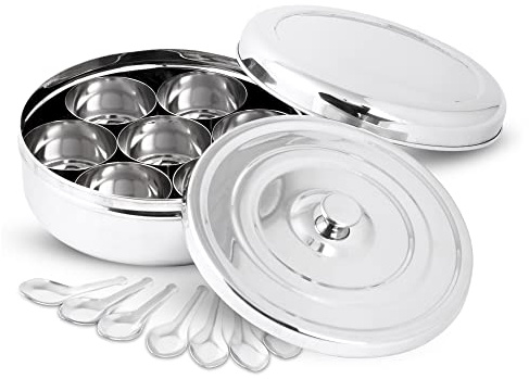 KSJONE Premium Spice Tin Masala or Dry Fruit Storage Box | 7 Spice Jars with Lids | Holds 7 Spices | Polished Stainless Steel with 7 Serving Spoons & Double Lids | Spice Box (20.3cm)