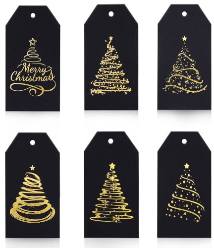 Whaline 120Pcs Christmas Paper Gift Tags Black Gold Xmas Tree Present Tags with 98Ft Twine Rope Christmas Tree Hanging Label Name Tag for Holiday Gift Party Favor Wrapping Decoration
