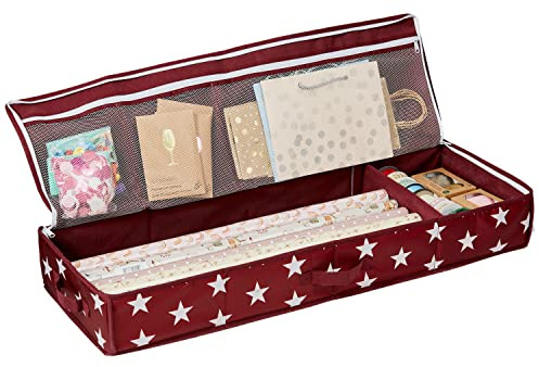 LOVE IT STORE IT Aufbewahrungstasche für Geschenkpapier - Organizer für Geschenkpapierrollen - Mit Fächern für Geschenkbänder - Rot mit Sternen - 90x30x12 cm