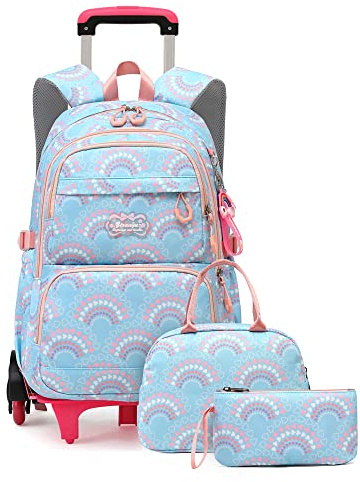 3Pcs Girls Rolling Backpack Kids Bookbag with Wheels Set Elementary Students Outdoors Trolley Schoolbag