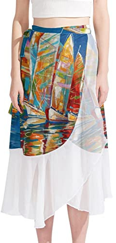Women Swimsuit Cover Up Short Chiffon Abstract Art Colorful Oil Painting Sailboat Summer Beach Sarong Bikini Wrap Skirt Bathing Suit Multicoloured