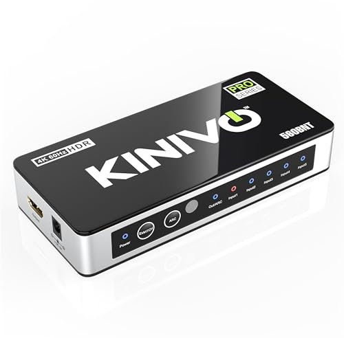 Kinivo HDMI Switch with Audio Extractor 560BNT (5 In 1 Out Hub, Toslink Optical Audio Port, SPDIF, 4K 60Hz Switcher, 18Gbps, IR Remote) - Compatible with Gaming Console, Cable TV, PC, Dolby Digital