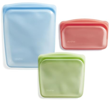 Stasher Lot de 3 sacs de rangement réutilisables en silicone, sacs de congélation réutilisables, passent au micro-ondes, au lave-vaisselle, au four, sous vide, conteneurs à déjeuner de qualité