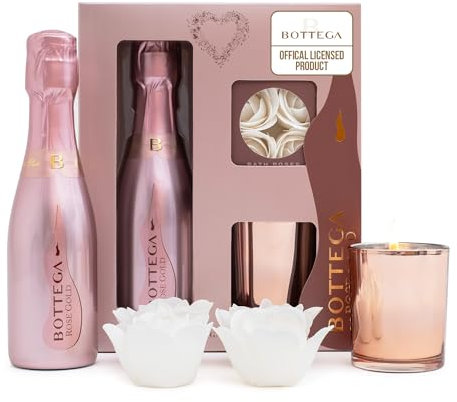 Bottega Rose Brut Sparkling Wine Gift Set - Bottega Rose 200ml 11.5% ABV, Scented Candle & Luxury Bath Roses, Pamper Gifts For Women - Alcohol Gift Sets for Ladies, New Mum Gifts, Mothers Day
