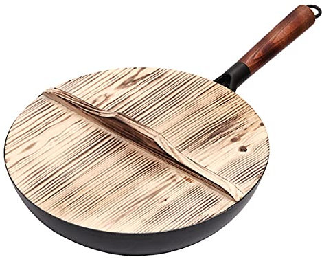 Sartén Wok De Acero Al Carbono Martillado Con Mango De Madera, Olla De Hierro Chino, Sartén Sin Recubrimiento De 32 Cm, Sartén Antiadherente Apta Para Inducción Gas Natural Eléctrico-A Sartén Olla