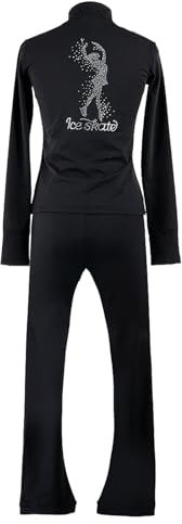 Youthful flying Eiskunstlauf Trainingsanzug mit Strass Damen Mädchen Eislaufen Trainingsjacken und Hosen Leggings Sets Sportswear(Size:M,Color:Schwarz)