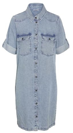 Noisy may Damen Kurzarm Kleid Midi Denim Blusenkleid Hemdkragen und Brusttaschen, Farben:Hellblau, Größe:M