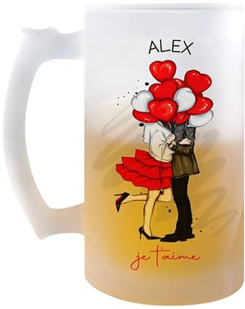 Planetee Chope Alex Je t'aime Ballon | Verre à Bière Pression Pinte Couple Saint Valentin Mariage Fiançailles Anniversaire Cadeau Romantique