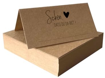 Tischkarten Schön, dass du da bist Kraftpapier braun mit Herz | 25, 50, 100 Stück | selbst beschriften | Namensschilder, Platzkarten | für Hochzeit, Geburtstag uvm (100)