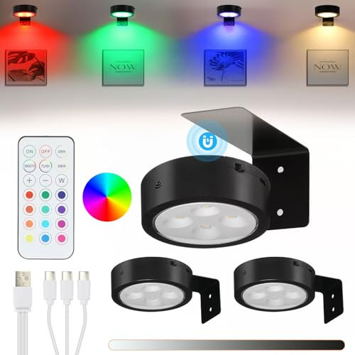 Lightsjoy Luz LED Recargable USB, Luces Para Cuadros Con Mando, Temporizador, Magnetismo, 3 pcs Aplique Paréd Interior Sin Cable, LED Colores Luz Brillo Ajustable para Pinturas, Marco de Fotos(Negro)