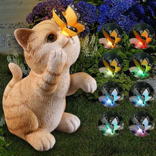 halp·ssfm Solar Garden Statue Cute Cat Figurine Fun Color Changing LED Butterfly Light Outdoor Decor Waterproof Resin Sculpture Patio Lawn Art Housewarming Gifts for Cat Lovers Women