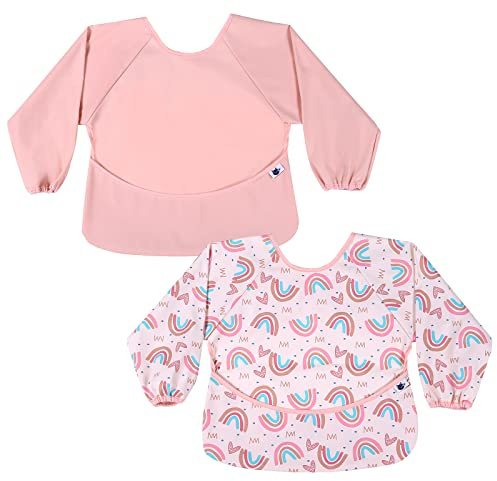 SPINFOX 2 Pack Easy Clean Long Sleeve Bib, Soft Mess Proof Baby Smock Bib for Eating, Waterproof Toddler Baby Feeding Bibs Shirt with Food Catcher Pocket for Girl 6-24 Months (Pink Rainbow Sleeved)