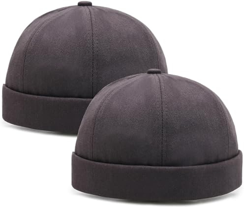 2 Pcs Mens Gray Docker Cap Brimless Hat Skull Cap Worker Sailor Cap Rolled Cuff Retro Beanie