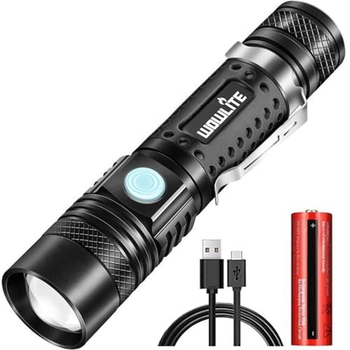 Torch Rechargeable, Adjustable Focus Torches LED Super Bright with 4 Modes, Portable Small Torch with Clip, Waterproof Flashlight for Power Cut, Emergency, Camping, Hiking, Outdoor