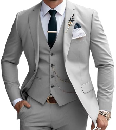Mens Suits 3 Piece Slim Fit Suit Set Business Wedding Tuxedo Jacket Vest Pants, Grey, L