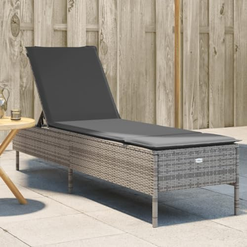 Rantry Sonnenliege mit grauem Kissen aus Polyrattan, Sonnenliegen, Schlafsofa, Gartenliegen, Poolliegen, Sonnenliege für den Garten