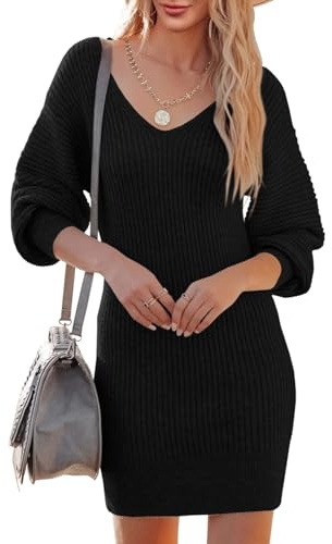 Saodimallsu Knitted Dress Women's V-Neck Jumper Dress Long Sleeve Pullover Elegant Mini Dress Sweater Casual for Autumn Winter, Black, L
