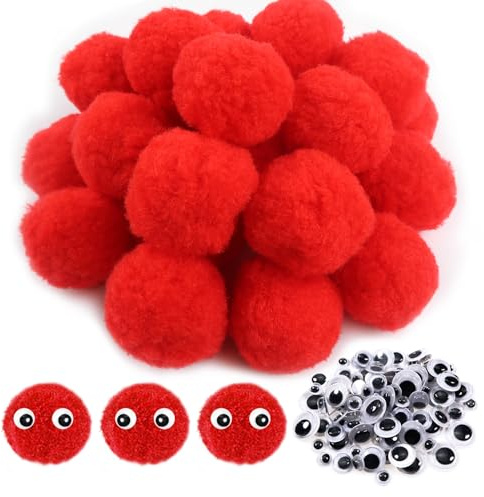 TOAOB 50 Stück 5 cm Rot Pompons zum Basteln Groß Pom Poms | mit Selbstklebend Wackelaugen, Bälle Kunst Bommel für Dekorieren, Verzieren Nähen DIY Lustige Kreativen Handwerk