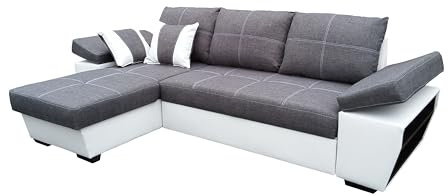 All4All Ecksofa mit Schlaffunktion Espanya 260 cm x 158 cm - Sofa in L-Form - Schlafsofa mit Bettkasten - für 3 Personen - Kleines Sofa - Grau/Weiß - Gewebe mit Kunstleder - Linke Seite 19