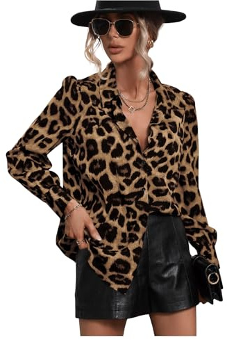 GORGLITTER Blusa elegante para mujer, de manga larga, con estampado de leopardo, camiseta de ocio, atuendo de negocios, marrón, L