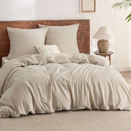BEDSURE Bettwäsche 200x220 Baumwolle 3teilig - Sommer Bettwäsche-Sets Beige Bettbezug mit 2 Kissenbezüge 80x80 cm, Ähnliche Textur wie Washed Leinen, Oeko-TEX Bedding Set mit Reißverschluss