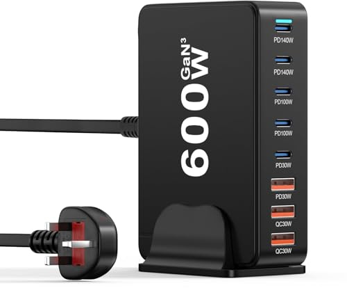 600W USB C Charger Station- 8 Port GaN III Safe USB Multi Charger, Portable Travel Fast Charger Block with PD 140W Laptop Charger/30W QC, Compatible with MacBook Pro/Air, i-Phone 16/15, i-Pads