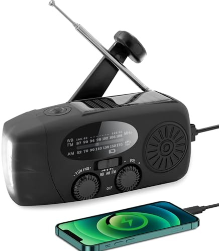 Radio Solar de Emergencia con Manivela, Portátil Am/FM NOAA Radio Recargable, Radio Dinamo con Linterna LED, 2000mAh Phone Charger, SOS Alarma y USB, Kit de Supervivencia para Camping (Noir)