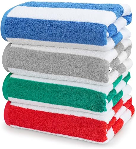 Utopia Towels - Große Strandtücher Cabana-Streifen (76 x 152 cm) - 100% gesponnene Baumwolle, weich und saugfähige Handtücher (4er-Pack, Blau, Grau, Rot und Grün)