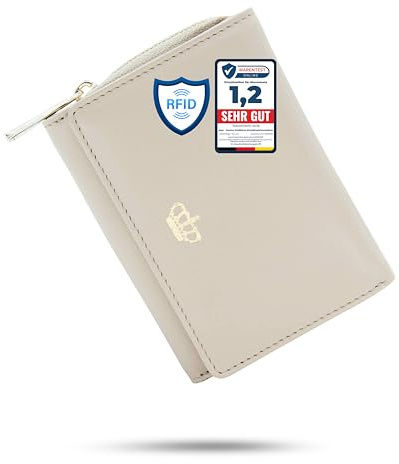 Baur Damen Geldbörse – Echtes Nappaleder mit RFID-Schutz – Portemonnaie mit Druckknopfverschluss, 6 Kartenfächern und Münzfach mit Metall-Reißverschluss (Creme, Gold Reißverschluss)