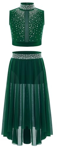 Freebily Klassisk Lyrisk Dans Klänning Flickor Ballettkläder Modern Modern Modern Crop Toppar Midi Kjol Skridskoklänning Latin Dansdräkt, Grön, 7-8 år
