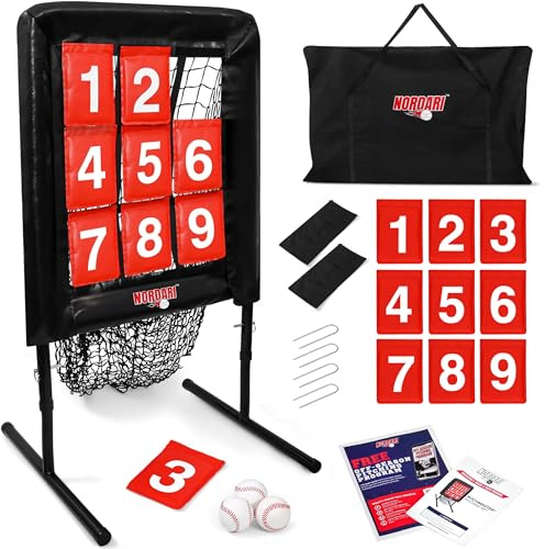 Nordari Robustes 9-Loch-Pitching-Netz mit Zahlen & Schlagzonen-Ziel, verstellbares Baseball- und Softball-9-Pocket-Pitching-Zieltrainer, tragbares Baseball-Übungsnetz für Schlag- und Spielfeldtraining