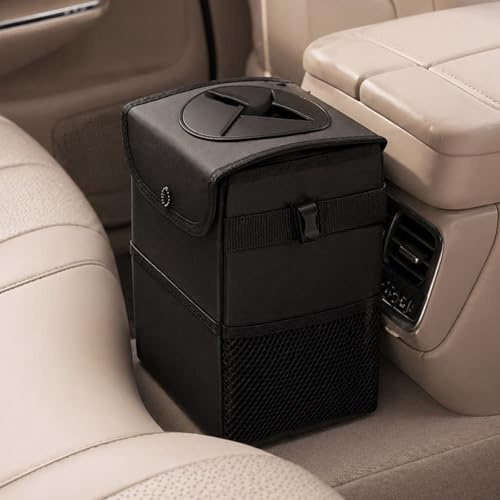 Enerfero Papelera de coche con tapa Bolsa de basura de coche para colgar con bolsillos de almacenamiento plegable y portátil, organizador de coche a prueba de fugas, multiusos de gran capacidad de 11L