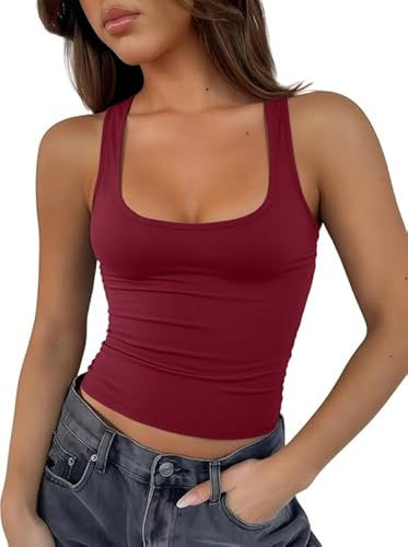 Sukiglam Ärmlös T-shirt dam sommar crop toppar sport sexig U-hals linne Y2k slim fit tank topp smal passform ledig linne skjorta kort basic sport blus mode streetwear, Bourgogne, L