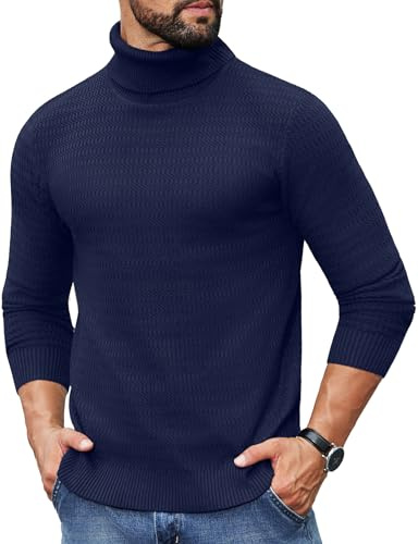 COOFANDY Pull col roulé Homme Manches Longues Tricot Fin Pull décontracté col roulé Basique Unicolore Pull d'hiver Bleu Marine M