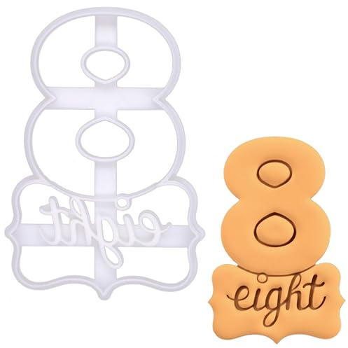BAKERLOGY Emporte-pièce chiffre 8 avec motif “Eight” embossé – Tampon à Fondant pour Gâteaux de 8e Anniversaire, Cupcakes, Biscuits et Décorations Personnalisées