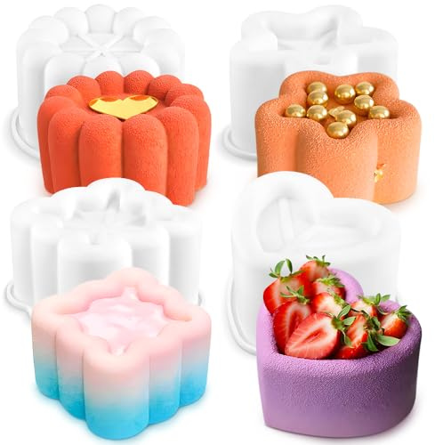 4 Stück Kleine Kuchenform Quadrat Stern Herz Blumen Muffinform Silikon Backform Antihaft Silikonformen für Pudding Schokolade Gelee Muffins Brot Mousse Kuchenformen Tortenform Kuchen Backformen Set